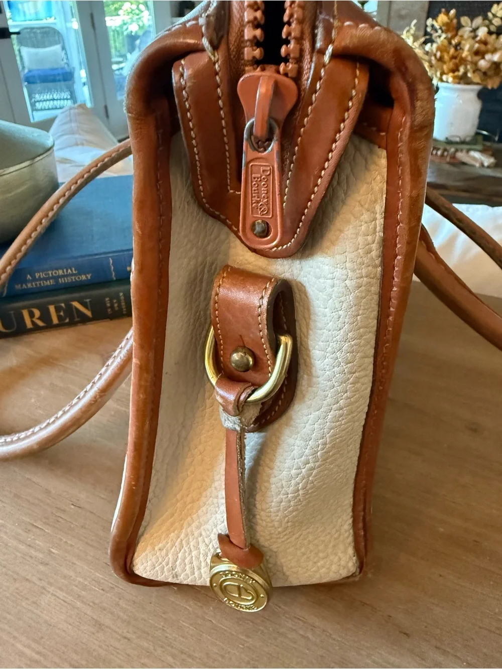 Leather-Trim Cream Tote Bag with Brown Accents
